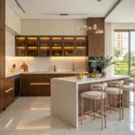 Hiranandani Westgate Thane 3 BHK Modular Kitchen With Marble Island Wooden Cabinets Bar Seating Ambient Lighting