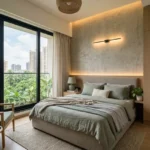 Isle Of Calm Powai 2 BHK contemporary guest bedroom with textured walls and large windows facing landscaped greenery