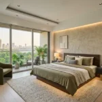 Isle Of Calm Powai 2 BHK master bedroom with warm lighting and balcony overlooking Powai lake and city skyline