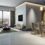 Kolte Patil Verve Bangur Nagar Goregaon West 3 BHK Living And Dining Area Interior With Sofa Seating Dining Table Wall Mounted Television