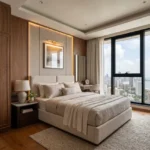 La Mer Mumbai Central 3 BHK Bedroom With Upholstered Bed Wooden Wall Panelling Soft Lighting And Seafacing Window