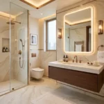 La Mer Mumbai Central 3 BHK Luxury Bathroom With Backlit Mirror Floating Wooden Vanity Marble Flooring And Glass Shower
