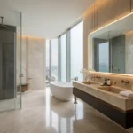 La Mer Mumbai Central 3 BHK Master Bathroom With Freestanding Bathtub Floor To Ceiling Windows Double Vanity And Marble Finish