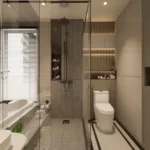 Luminaara 10th Road Khar West 3 BHK Bathroom Interior With Bathtub Glass Shower Partition Wall Mounted Vanity Wash Basin
