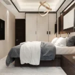 Luminaara 10th Road Khar West 3 BHK Master Bedroom Interior With Dark Wood Paneling Floating Bed Marble Flooring Ceiling