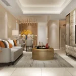 Luminaara 10th Road Khar West 3 BHK Living And Dining Area With Beige Sofa Round Center Table Television Unit