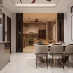 Luminaara 10th Road Khar West 3 BHK Dining Area Interior With Six Seater Dining Table Mirrored Wall Panels Modular Kitchen