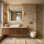 Mahindra Vista Kandivali East 3 BHK Bathroom With Marble Finish Walls Floating Vanity And Glass Shower Partition