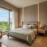 Mahindra Vista Kandivali East 3 BHK Bedroom With Beige Wall Panels Wooden Wardrobe Soft Lighting And Textured Rug
