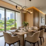 Mahindra Vista Kandivali East 3 BHK Dining Area With Upholstered Chairs Pendant Lighting And Open Living Layout