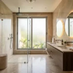 Mahindra Vista Kandivali East 3 BHK Bathroom With Double Vanity Large Mirror Beige Marble Finish And Walk In Shower