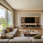 Mahindra Vista Kandivali East 3 BHK Bedroom With Beige Wall Panels Wooden Wardrobe Soft Lighting And Textured Rug