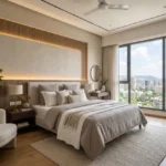 Mahindra Vista Kandivali East 3 BHK Master Bedroom With Upholstered Bed Soft Neutral Walls Wooden Flooring And Ambient Cove Lighting