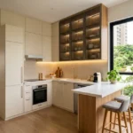 Mahindra Vista Kandivali East 3 BHK Modular Kitchen With Wood Finish Cabinets Breakfast Counter And Open Layout