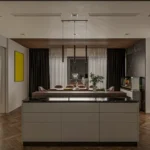 Marina 64 Liberty Garden Malad West 3 BHK Grey Island Wood Ceiling Pendant Lit Open Kitchen