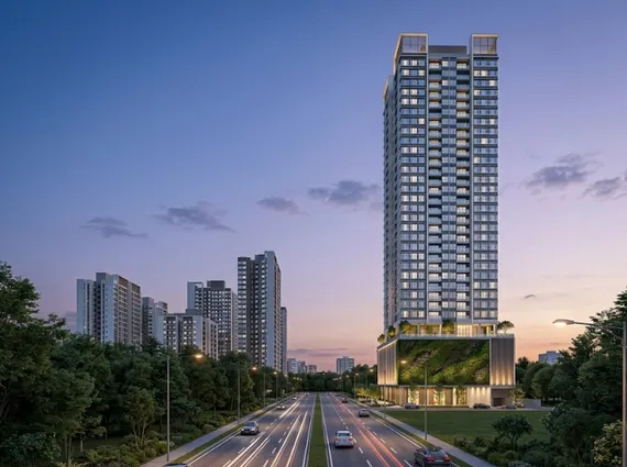 Marina 64 Liberty Garden Malad West Single High Rise Vertical Garden Podium Dusk Skyline Exterior