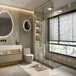 Neelam Supremo Mulund 2 BHK Modern Bathroom With Glass Shower Area Vanity Counter And Designer Lighting