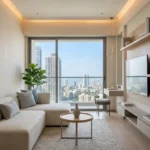 Nine Reflex Dadar East 2 BHK Living Room Featuring Floor-To-Ceiling Window, Compact Sofa Layout, Wooden TV Panel Wall