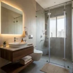 Nine Reflex Dadar East 2 BHK Bathroom With Glass Shower Enclosure, Wall-Mounted Vanity, Illuminated Mirror