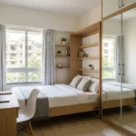 Nine Reflex Dadar East 2 BHK Second Bedroom With Study Desk, Wall Shelving, Sliding Wardrobe With Mirror Panels