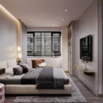 Oberoi Sky City Borivali East 3 BHK stylish bedroom interior with modern furniture wardrobe lighting and television wall unit