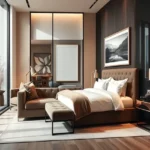 One Vara Goregaon East 3 BHK Warm Toned Upholstered Bed Floor To Ceiling Glass Bedroom