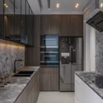 One Vara Goregaon East 3 BHK Stone Backsplash Wood Grain Smart Fridge Parallel Kitchen