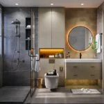 One Vara Goregaon East 3 BHK Grey Marble Gold Niche Black Frame Enclosure Bathroom