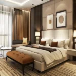 One Vara Goregaon East 3 BHK Cream Headboard Rust Ottoman Warm Drape Luxury Bedroom