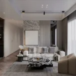 One Vara Goregaon East 3 BHK Neutral Sectional Dark Marble Coffee Table Sheer Curtain Living Room