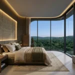 Piramal Revanta Mulund West 3 BHK Curved Floor To Ceiling Glass Cove Lit Textured Panel Lush Forest View Master Bedroom