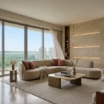 Piramal Revanta Mulund West 3 BHK Cream Curved Sectional Rose Cushion Travertine Panel Dual Glazed Forest Cityview Living Room