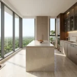 Piramal Revanta Mulund West 3 BHK White Marble Island Taupe Wood Glass Cabinet Full Lush Forest View Kitchen
