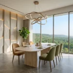 Piramal Revanta Mulund West 3 BHK Gold Ring Chandelier Oval Travertine Table Olive Chair Full Forest View Dining Room
