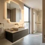 Piramal Revanta Mulund West 3 BHK Stone Vessel Sink Dark Vanity Backlit Mirror Fluted Wall Glass Shower Cityview Bathroom