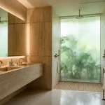 Piramal Revanta Mulund West 3 BHK Travertine Double Sink Backlit Mirror Frosted Botanical Glass Rain Shower Bathroom