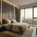 Piramal Revanta Mulund West 3 BHK Dark Upholstered Panel Gold Stacked Pendant Linen Bed Forest City Dusk View Bedroom