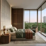 Piramal Revanta Mulund West 3 BHK Sage Green Linen Bed Wood Panel Wardrobe Floor To Ceiling Forest View Guest Bedroom