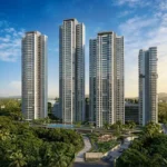Piramal Revanta Mulund West Multi Tower High Rise Tropical Forest Podium Pool Dusk Aerial Exterior