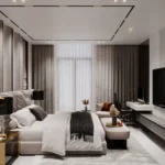 Purva Panorama Ghodbunder Road Thane 3 BHK designer bedroom with modern ceiling lighting and lounge seating