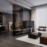 Purva Panorama Ghodbunder Road Thane 3 BHK modern living room with designer furniture and glass partition