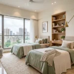Roswalt Zaiden Oshiwara Andheri West 3 BHK Bedroom Interior With Twin Beds Study Desk Open Shelf Storage Soft Furnishings