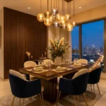 Roswalt Zaiden Oshiwara Andheri West 3 BHK Dining Area Interior With Six Seater Dining Table Pendant Lighting Wooden Wall Paneling