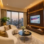 Roswalt Zaiden Oshiwara Andheri West 3 BHK Living Room Interior With Curved Sofa Center Table Wall Mounted Television