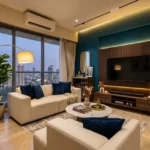 Roswalt Zaiden Oshiwara Andheri West 3 BHK Living Room Interior With Sofa Seating Wall Mounted Television Wooden Panel