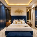 Roswalt Zaiden Oshiwara Andheri West 3 BHK Master Bedroom Interior With Blue Upholstered Bed Side Tables Wardrobe Storage Ceiling Lighting