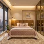Roswalt Zaiden Oshiwara Andheri West 3 BHK Master Bedroom Interior With Upholstered Bed Sliding Glass Wardrobe Side Table Lighting