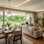 Runwal Lands End Kolshet Road Thane West 2 BHK Living And Dining Area With Sofa Seating Dining Table Large Sliding Glass Windows Balcony Access