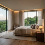 Runwal Lands End Kolshet Road Thane West 2 BHK Master Bedroom With Floor To Ceiling Windows Soft Upholstered Bed Warm Lighting