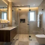 Runwal Lands End Kolshet Road Thane West 2 BHK Modern Bathroom With Glass Shower Cabin Wall Mounted Vanity Storage Unit Neutral Tiles